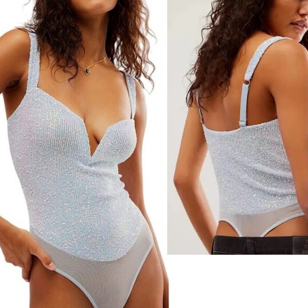 NWT New Free People Intimately FP Sparks Fly Icy Blue Bodysuit Size XS